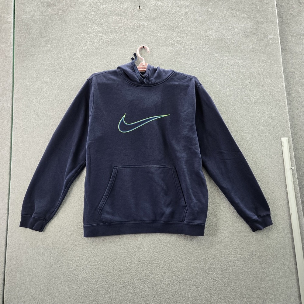 Nike Men Hoodie XL Navy Logo Embroidery Fleece Big Center Swoosh Pullover